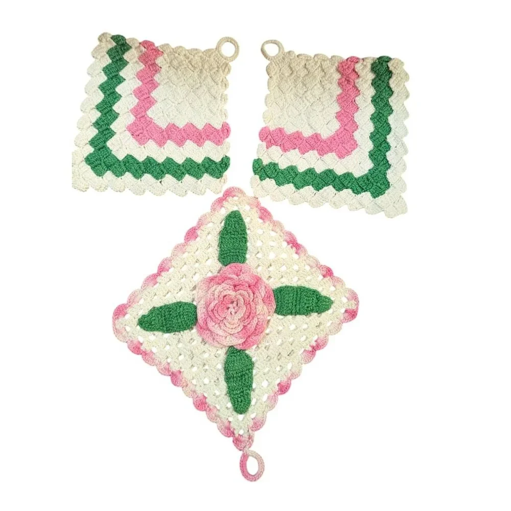 Vintage Hand-Crocheted Potholders Set Of 3 With Loops Pink/Green/White Floral Pa